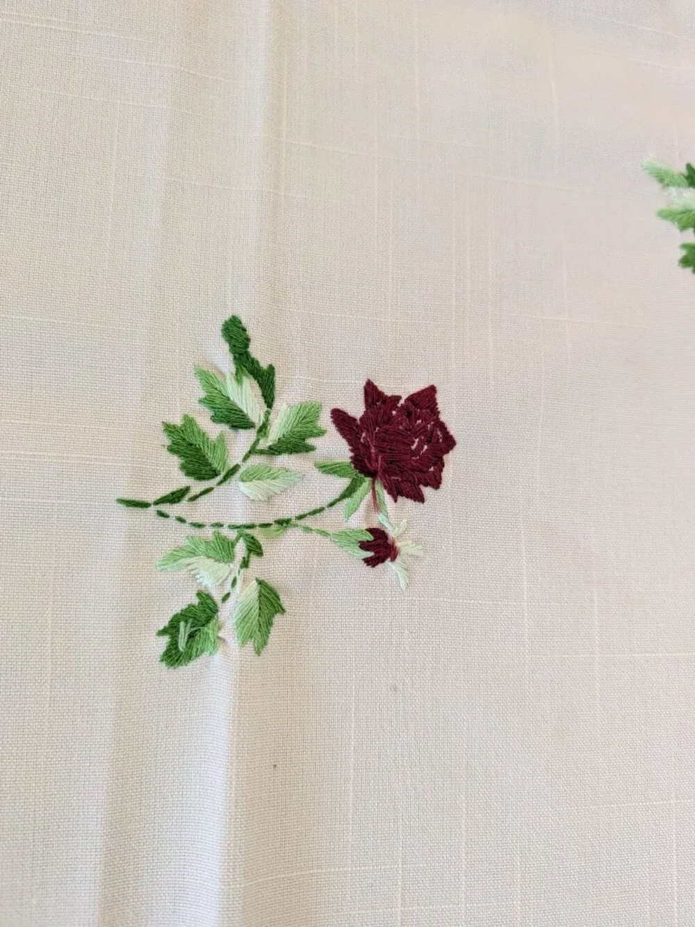 VTG Rose Cross Stitch Linen Tablecloth 84x55 Cream Fringe Cottagecore 80s